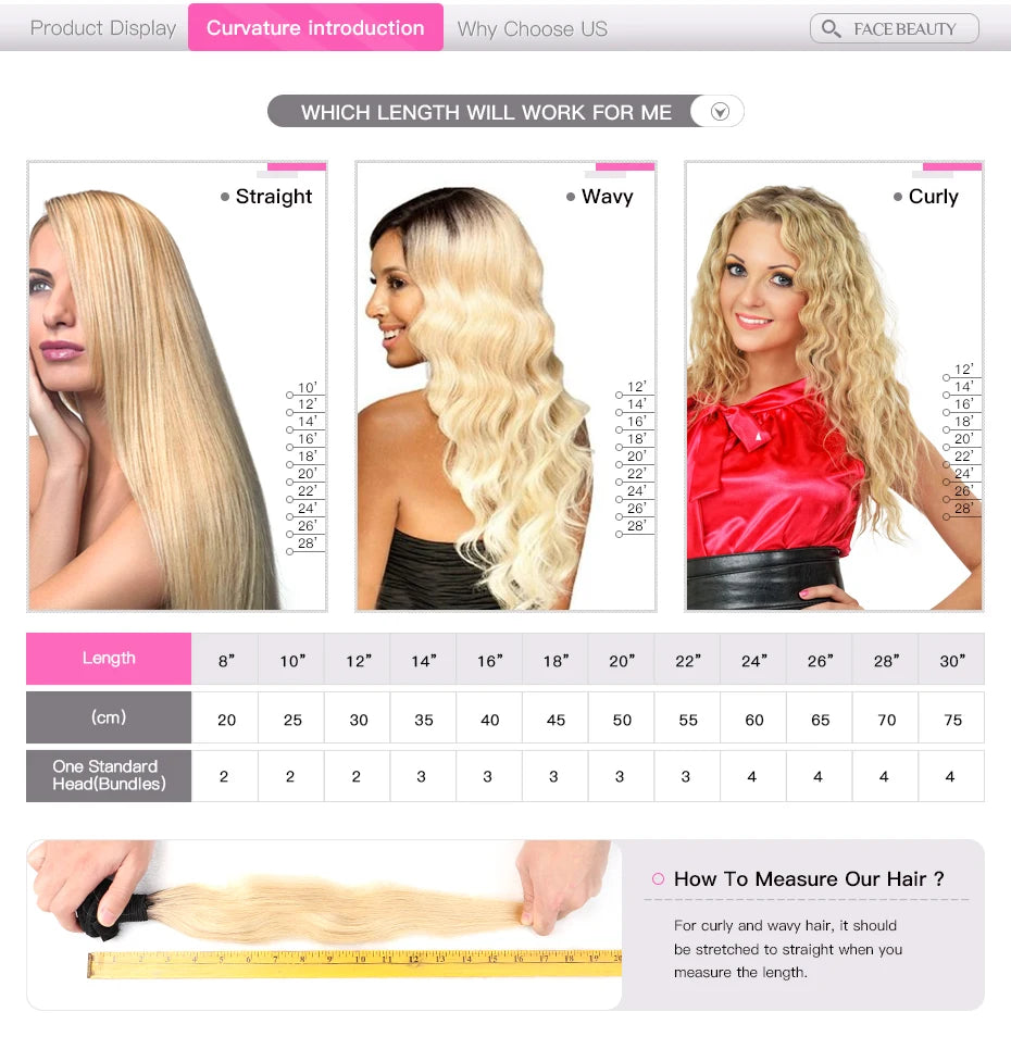 Facebeauty 613 Blonde 1/3/4 Brazilian Hair Bundles Straight Weave Remy 100% Human Hair Weft 26 28 30 32 34 36 38 40 Inch Bundle