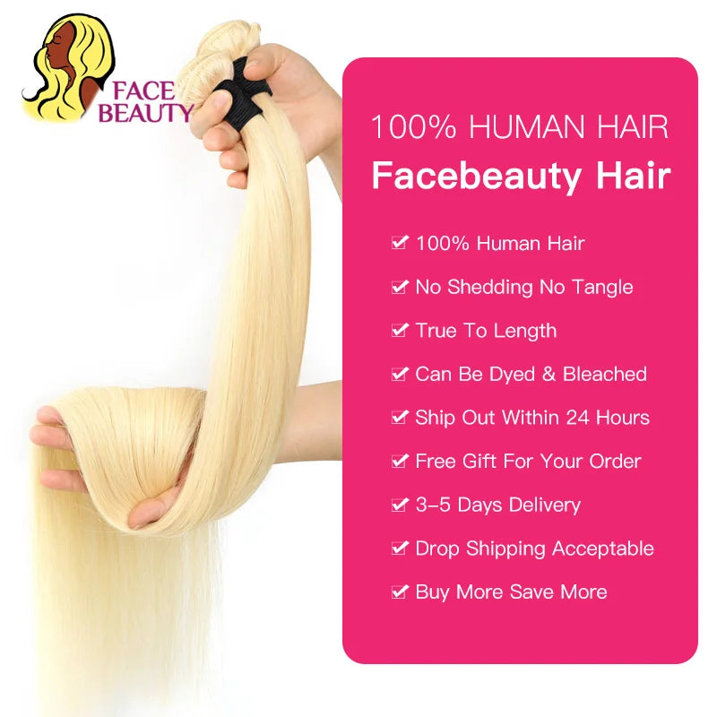 Facebeauty 613 Blonde 1/3/4 Brazilian Hair Bundles Straight Weave Remy 100% Human Hair Weft 26 28 30 32 34 36 38 40 Inch Bundle