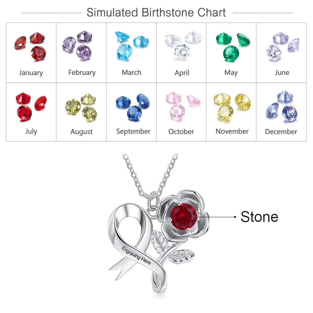 JewelOra Personalized 12 Colors Birthstone Rose Flower Leaves Necklace Customized Engraving Pendant Necklace Valentines Day Gift