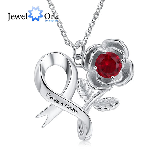 JewelOra Personalized 12 Colors Birthstone Rose Flower Leaves Necklace Customized Engraving Pendant Necklace Valentines Day Gift