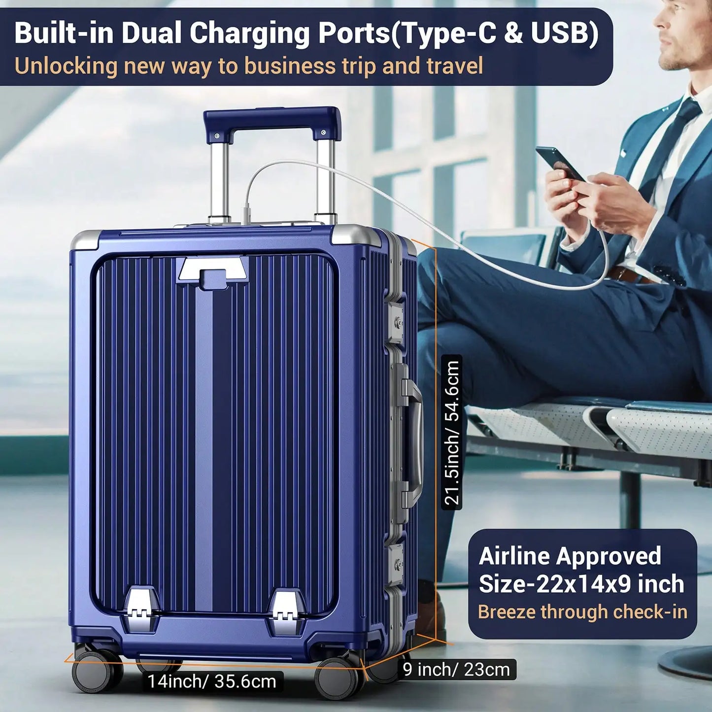 Aluminum Framed Carry On Luggage, Airline Approved 22x14x9" Suitcase with Spinner Wheels, Front Laptop Compartment & Cup Holder
