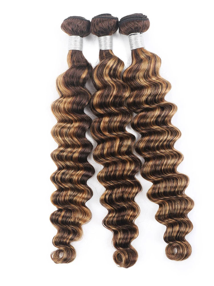 Highlight 30 inch Brown Indian Curly Raw Human Hair Bundles P4/27 Loose Deep Wave Colored Hair Bundles Weave Women Remy Hair