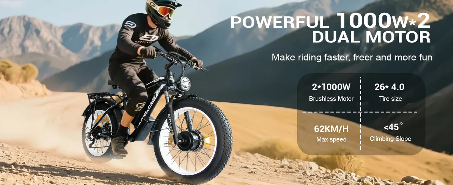 Electric Bike 2000W Dual Motor 60V25AH Removable Lithium Battery E Bike Dual Hydraulic Brakes 26-inch Fat Tires Electric Bicycle