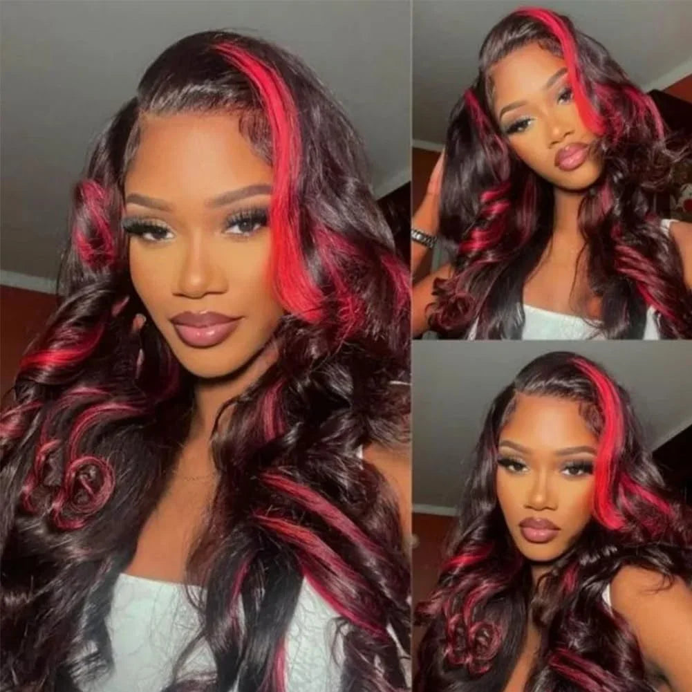 Ombre Red With Blonde Highlights Body Wave 5x5 Glueless Wigs Human Hair Burgundy for Women Pre Plucked 200 Density Colored Wig