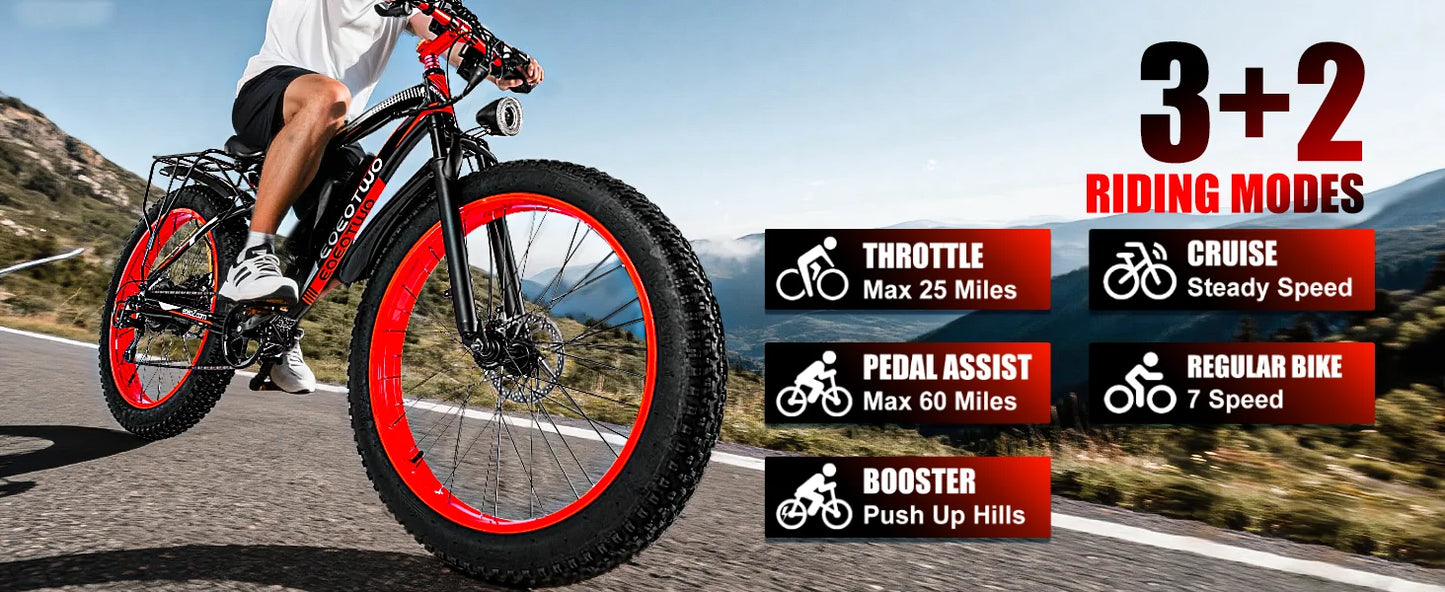 EOEOTWO E01 Electric Bike Adult 26" Fat Tire 1500W Peak Motor Electric Bicycle 34Mph Mountain E Bike 60Mile Range 48V15AH E Bike