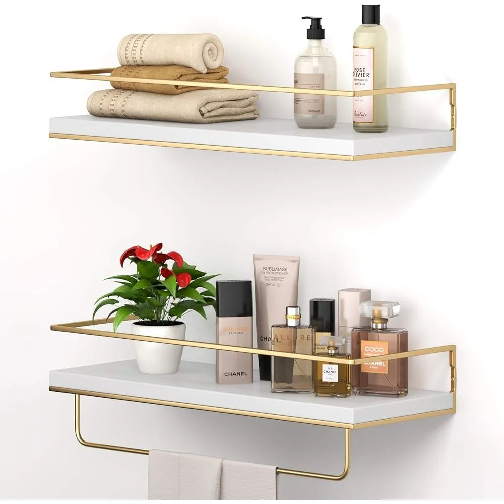 Wall Mounted Floating Shelves Set of 2 with Golden Towel Rack Decorative Storage Organizer Bathroom Kitchen Living Room