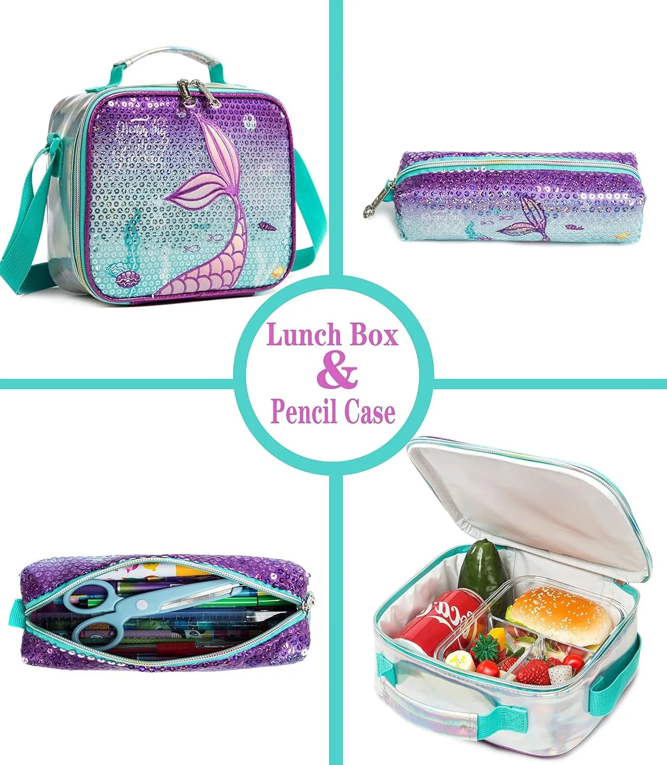 Mermaid Rolling Backpack for Gilrs Backpacks with Wheels for Elementary School Bag Trolley Trips Luggage with Lunch Box