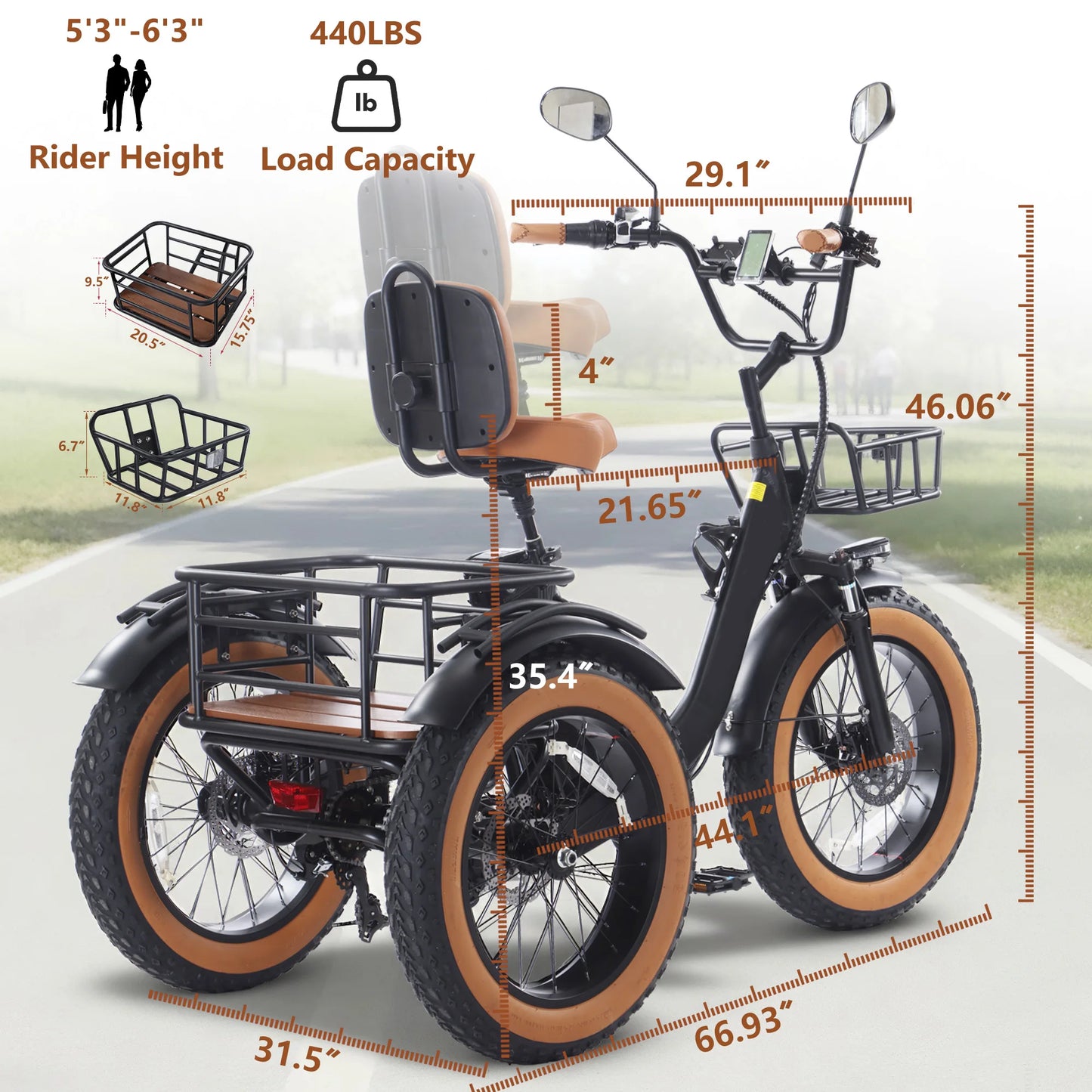 Foldable Electric Tricycle for Adults, Peak 1350W Electric Bicycle with Removable 48V 16Ah Battery