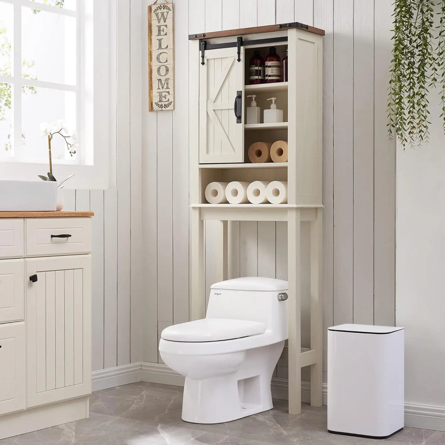 Over The Toilet Storage Cabinet, Farmhouse Storage Cabinet Over Toilet with Sliding Barn Door & Adjustable Shelves, Home Space