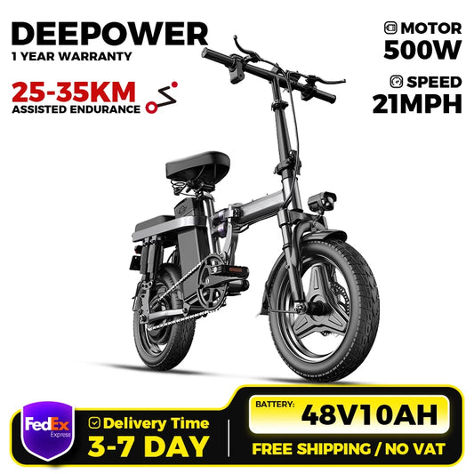 DEEPOWER Electric Bike for Adult 600W Peak Motor, 21MPH Folding Ebike, 14" Electric Bicycles, 3 Levels Assist, Multi-Shock Ebike