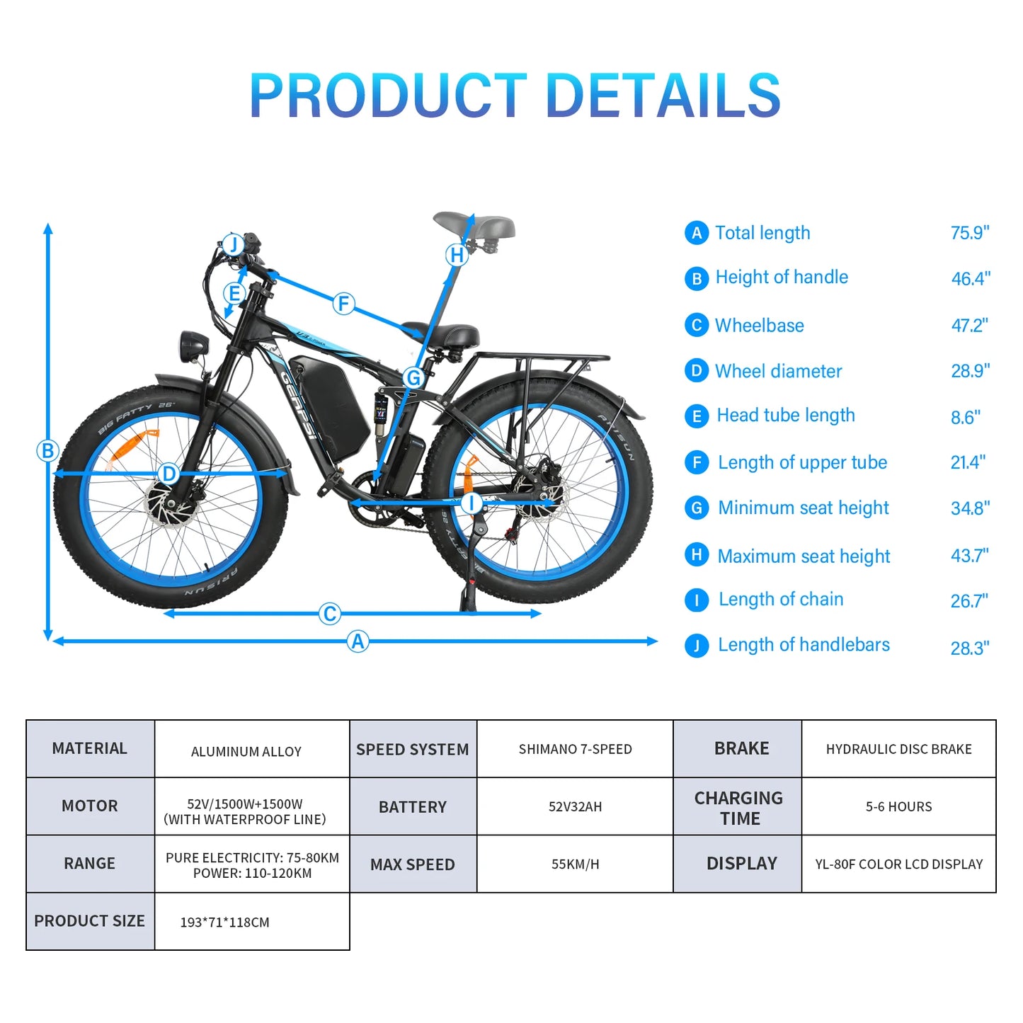 BAOLUJIE DP-2603 Adult E-bike 1500W*2 Motor 48V25Ah Battery Commute Electric Bike 26-inch Fat Tire E-Mountain Bike 21 Speeds