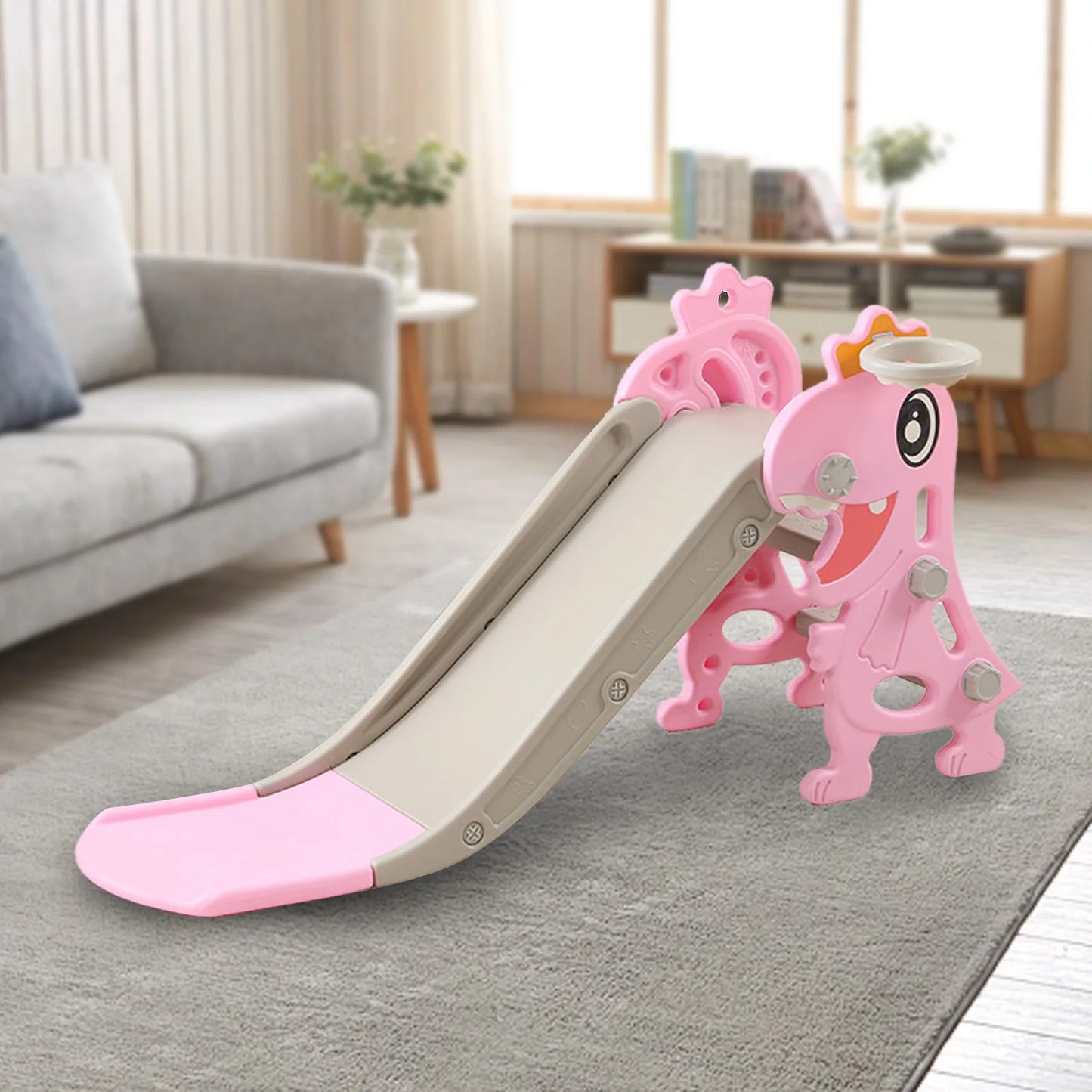 Toddler Indoor Slide for Age 1 To 8 Years Old Dinosaur Shape Non Slip Stairs Kids Slide with Basketball Hoop Climber Kids Slide