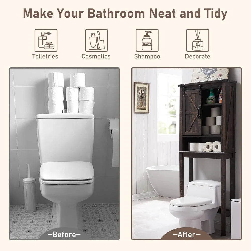 Over The Toilet Storage Cabinet, Farmhouse Storage Cabinet Over Toilet with Sliding Barn Door & Adjustable Shelves, Home Space