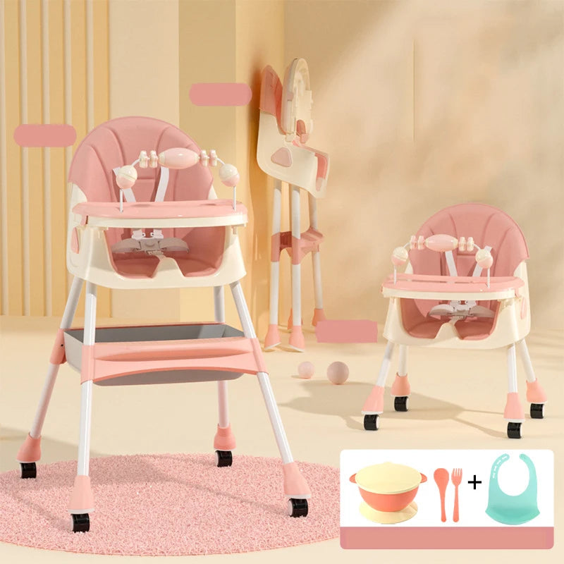 Foldable Baby High Chair 6 Months Plus with Large Antislip Pad & ToyRack Easy to Clean Feeding E500 With Brakeable Wheel