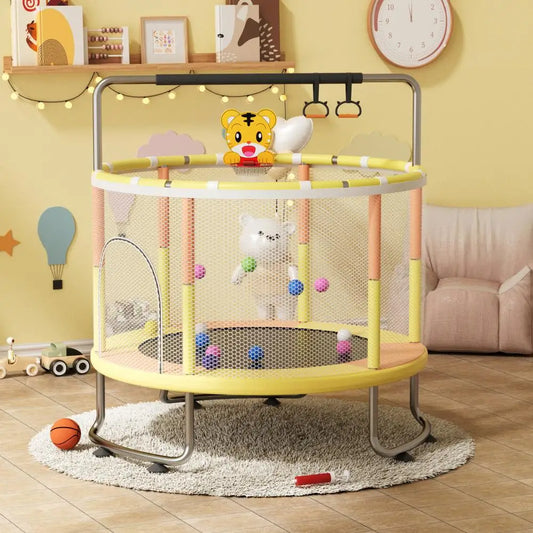 5FT Kids Indoor Outdoor Trampoline, Baby Toddler Trampoline with Basketball Hoop, Swing, Sandbag, Ocean Balls, Enclosure Net