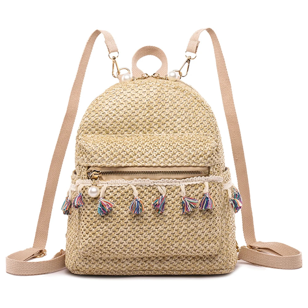 Bohemian Woven Backpack Straw School Bag Large Capacity Fashion Students Bookbag Stylish Shoulder Backpack Outdoor Travel Bag