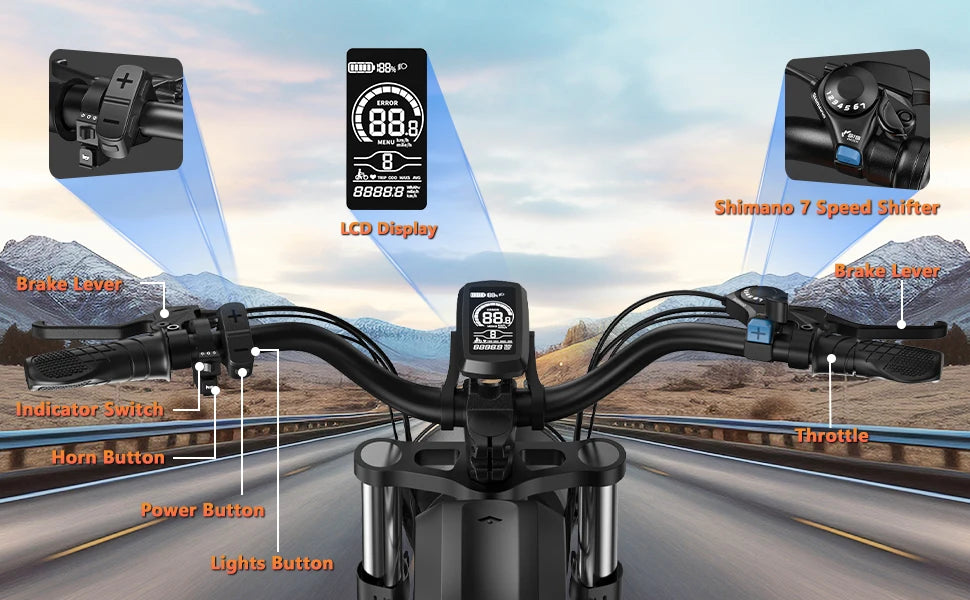 Kickwey K7 Adult Electric Bike 1500W Motor 7-Speed Dual Disc Brakes Full Suspension Ebike 20x4 Wide Tire 50-Mile  E Bike
