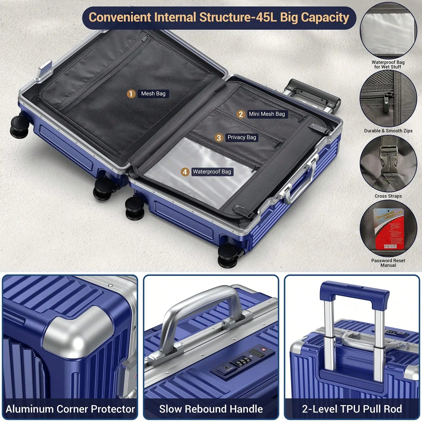 Aluminum Framed Carry On Luggage, Airline Approved 22x14x9" Suitcase with Spinner Wheels, Front Laptop Compartment & Cup Holder