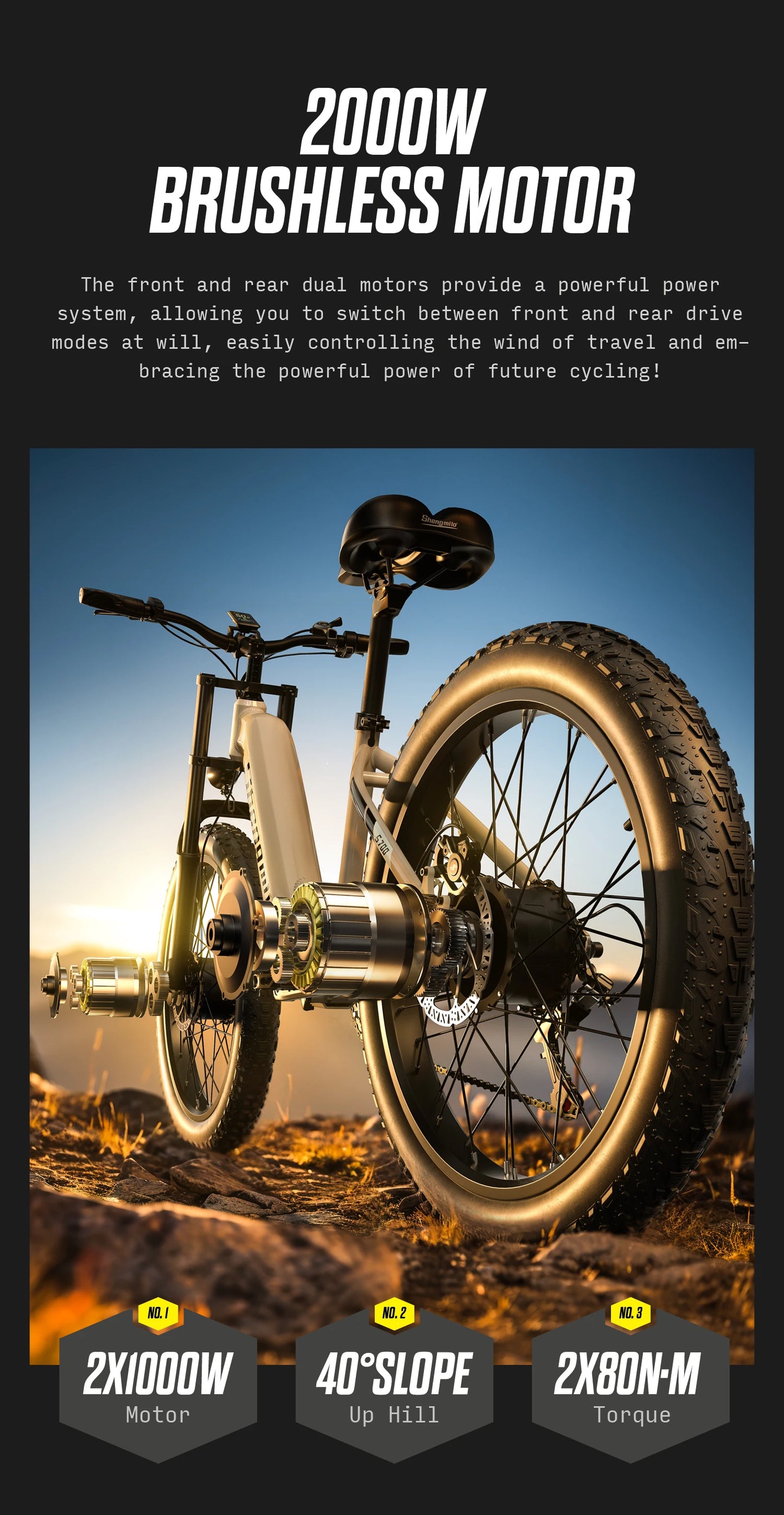 Shengmilo S700 Adult Journey Ebike 2000W 48V 17.5Ah Hydraulic Disc Brakes Electric Bicycle 26*3.0" Tire Mountain Electric Bike