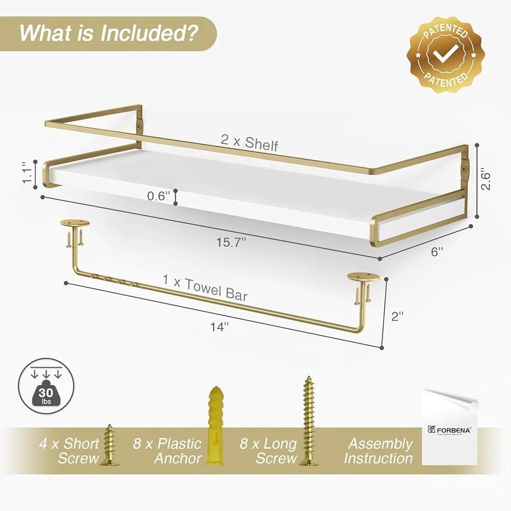 Floating Bathroom Shelves Wall Mounted Organizer with Towel Bar Bathroom Accessories Storage Toiletries and Home Office