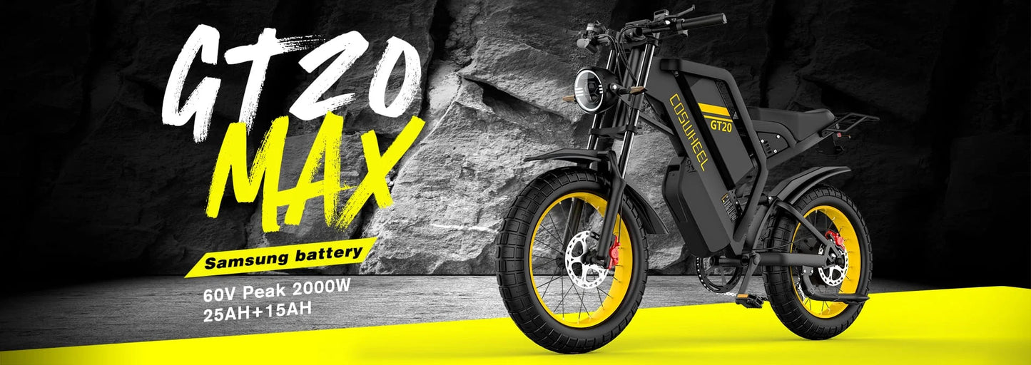 Electric Off-Road Bike COSWHEEL GT20 Max 20" 2000W 40Mph 60V 40AH(25+15) 140Mile 7 Speed Adult Unisex Full Suspension