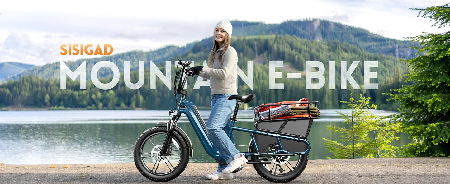 SISIGAD K008 Electric Bike 1500W motor, 28MPH speed, 80-mile range, 20" fat tires, 7-speed cargo e-bike.