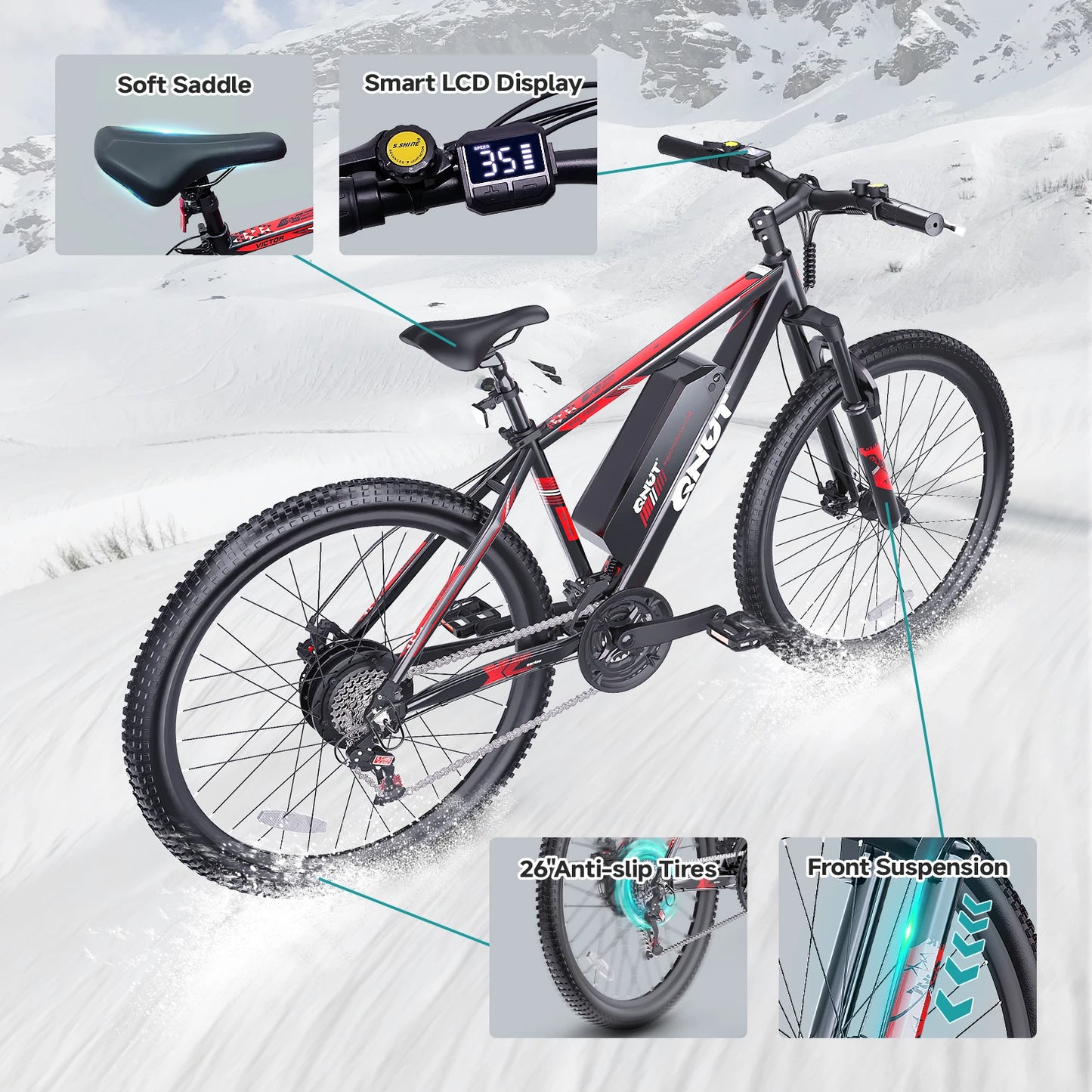 QNUT Victor3.0 Mountain electric Bicycle 1000W 36V 10.4AH 26" Tire All-Terrain E-Bikewith Front Fork Suspension and Dual Disc