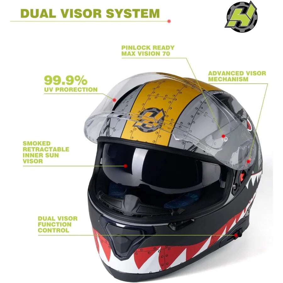 Full face motorcycle helmet designed for adult riders with DOT approval dual rear wing aerodynamics and Pinlockready visor for