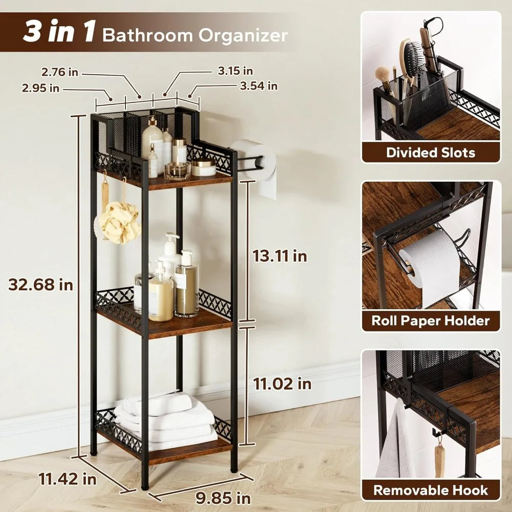 3-Tier Bathroom Shelf Organizer with Hair Dryer Holder and Toilet Paper Hook, 9.85" Slim Metal Stand for Small Spaces, Holds