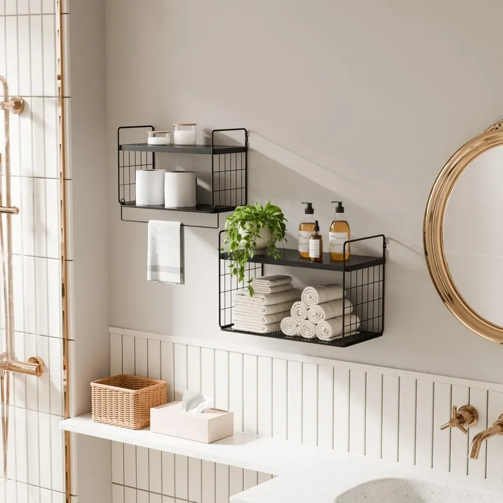 Bathroom Shelves Over Toilet Set of 2, Floating Bathroom Shelves Wall Mounted, Bathroom Shelf with Towel Bar