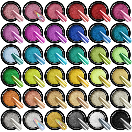 Saviland 36 Colors Metallic Chrome Nail Powder Set Mirror Gold Silver Decor Rubbing Glitter Pigment Nails Chrome Powder