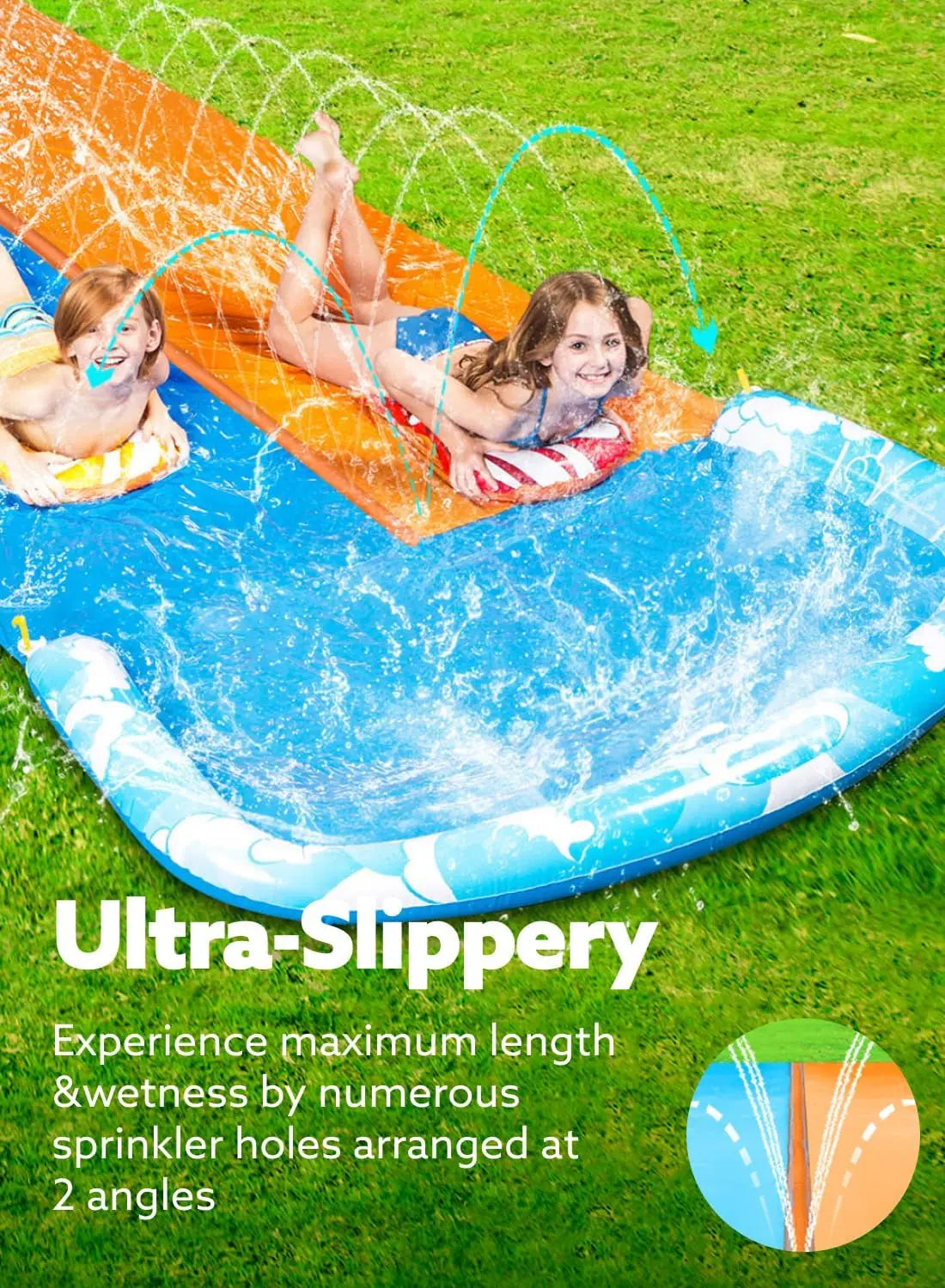 32.5ft Extra Long Double Lawn Water Slide with Sprinkler and Inflatable Boards for Kids Adults Summer Fun