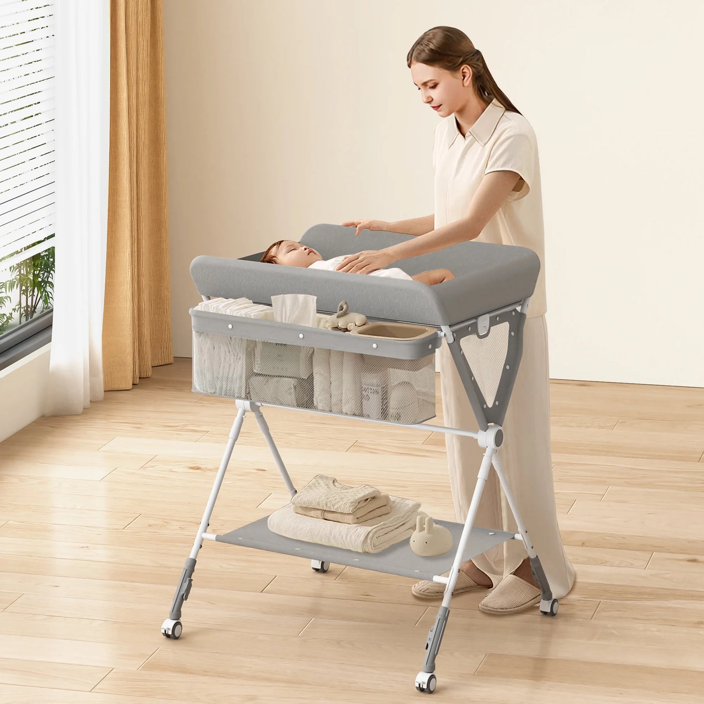 SEJOY Foldable Baby Changing With Wheels Table Portable Height Adjustable Diaper Care Station Mobile Infant Newborn Diaper Table