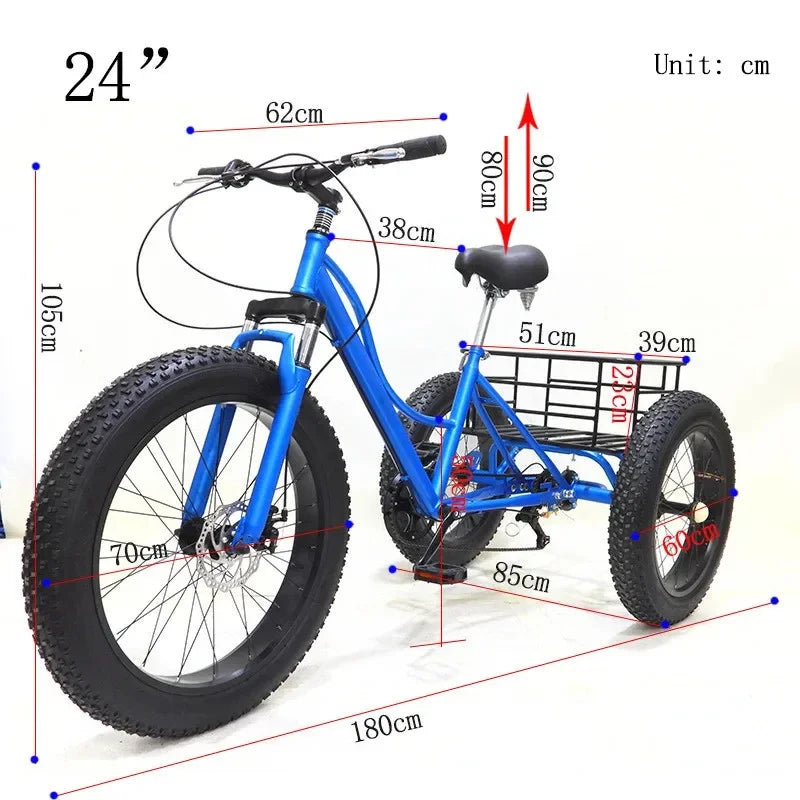 24 inch tricycle disc brake MTB fat tire off-road tricycle with basket Fatbike 7 speed three wheel Bike leisure elderly tricycle