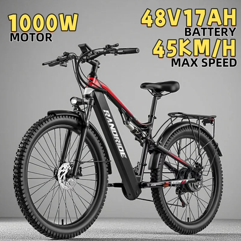 Electric Bicycle RANDRIDE YG90 1000W 48V17AH Hydraulic Brake E-bike with Full Suspension  21 Gears Shift Free Rack Electric bike