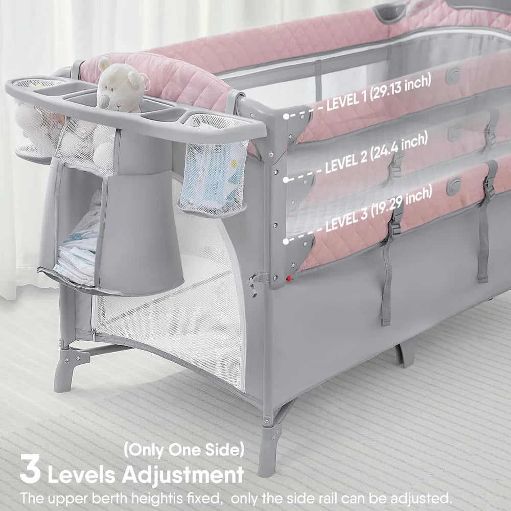 L Baby Bassinet Bedside Crib, Pack and Play with Mattress, Diaper Changer and Playards from Newborn to Toddles, Pink