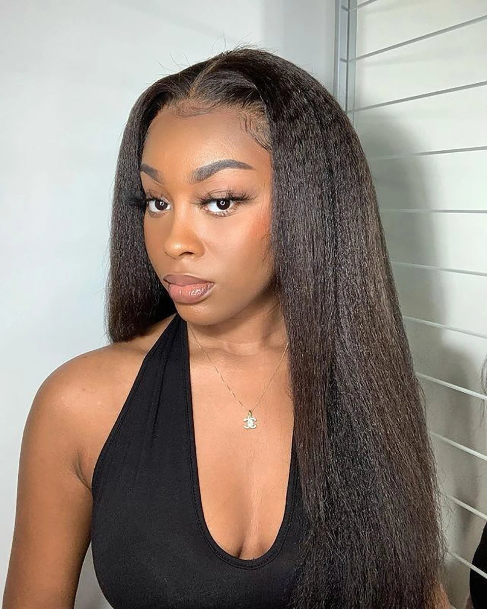 Yaki Kinky Straight Glueless Wigs Human Hair Ready To Wear Preplucked 4C Edges 13x6 HD Lace Frontal Wig Human Hair For Women 200