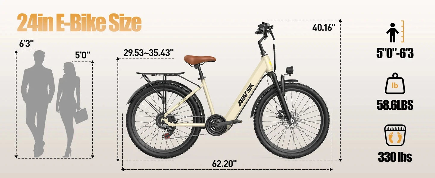 Aairsk SU7 E-bike 250W Motor 36V13AH City Commute Electric Bike 24 inch Tire NFC Key Men and women cycling Electric Bicycle