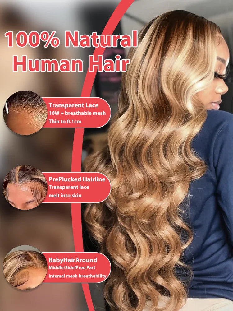 250 Density Highlight Ombre 100% Human Hair 13x6 HD Lace Frontal Wigs Body Wave 13x4 Lace Front Wig Water Loose Brown Brazilian