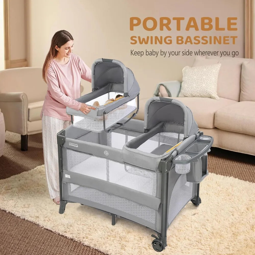 Twin Bassinet for Baby, Bedside Bassinet, Convertible to Bedside Sleeper and Playpen, with Wheel, Brake, Foldable Side Sleeper,