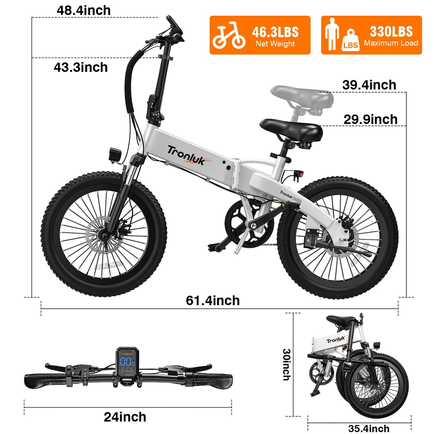 Youth adult electric bicycle 720W peak 48V12AH 20 inch * 2.4 road tire 5-speed with assisted riding 20MPH urban commuting