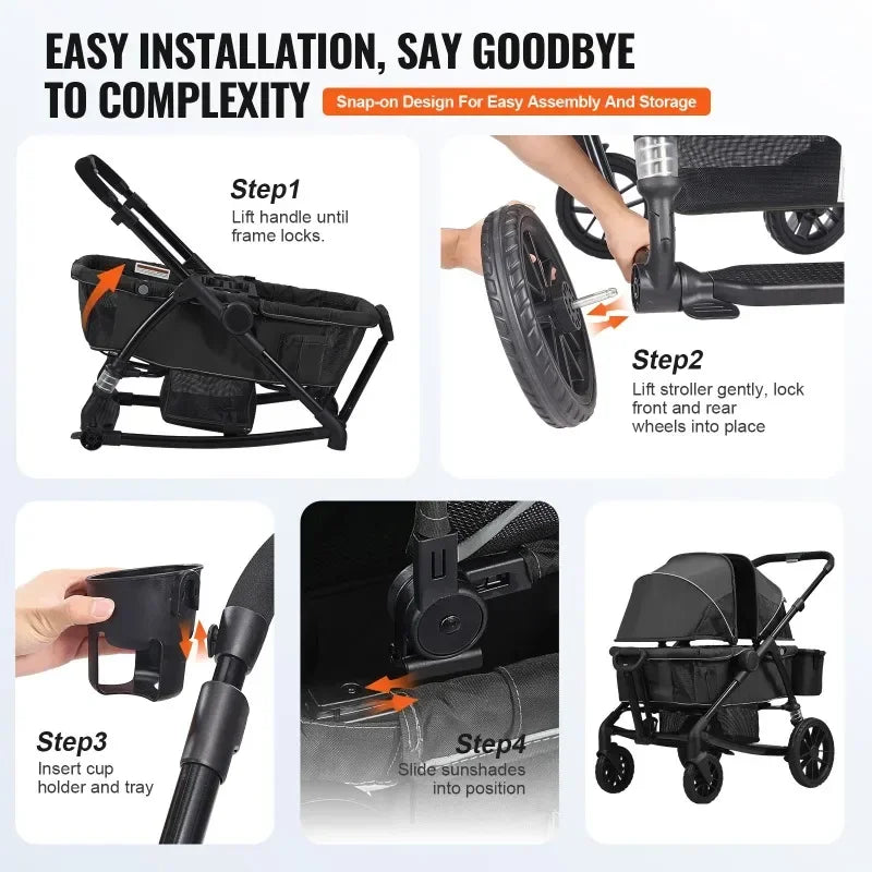 All-Terrain Stroller Wagon, 2 Seats Foldable Expedition 2-in-1 Collapsible Wagon Stroller, Includes Canopy, Parent Organizer