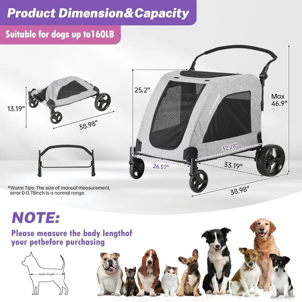 XL Extra Large Dog Stroller - Adjustable Handles, Lightweight Folding Pet Stroller, All-Terrain 4 Wheel for 2 Medium Dogs