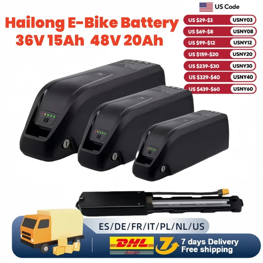 36V 48V Hailong Ebike Battery with Charger Full Capacity 10Ah 15Ah 20Ah Powerful 18650 21700 Lithium Battery Pack Free Shipping