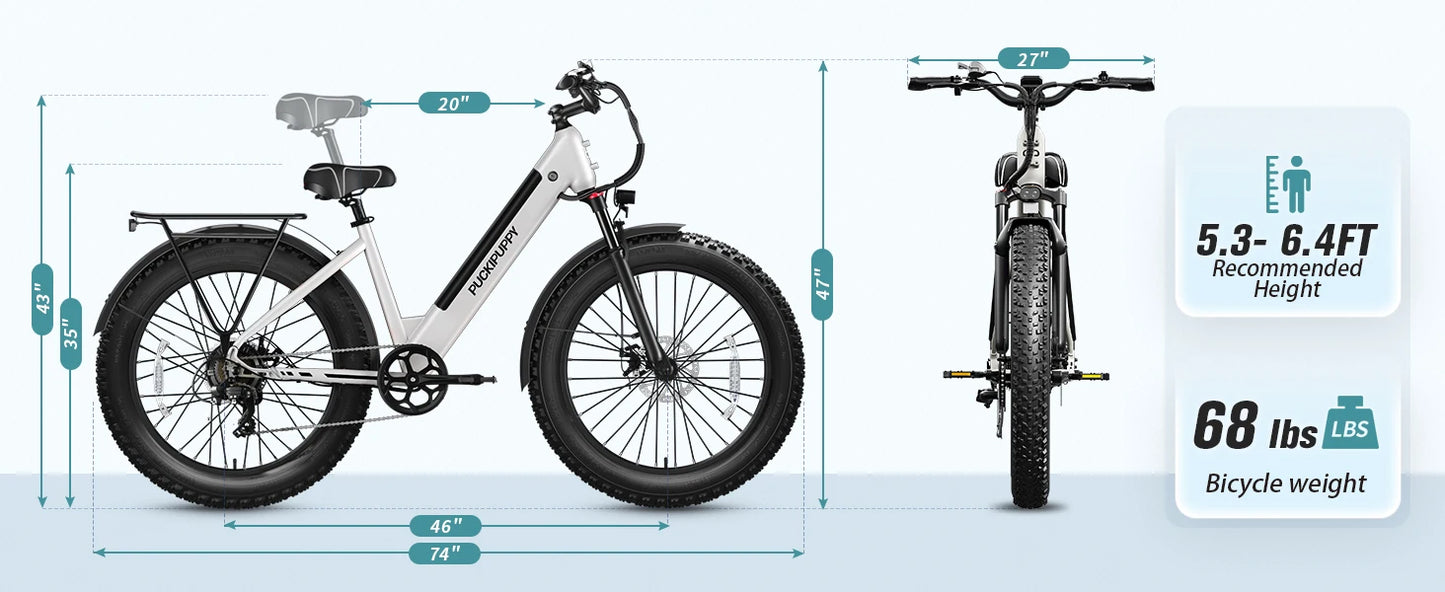 PUCKIPUPPY Electric Bike for Adults 960W Peak 48V 15AH Electric Bicycle 7 Speed All Terrain 26" Fat Tire Front Suspension E-Bike
