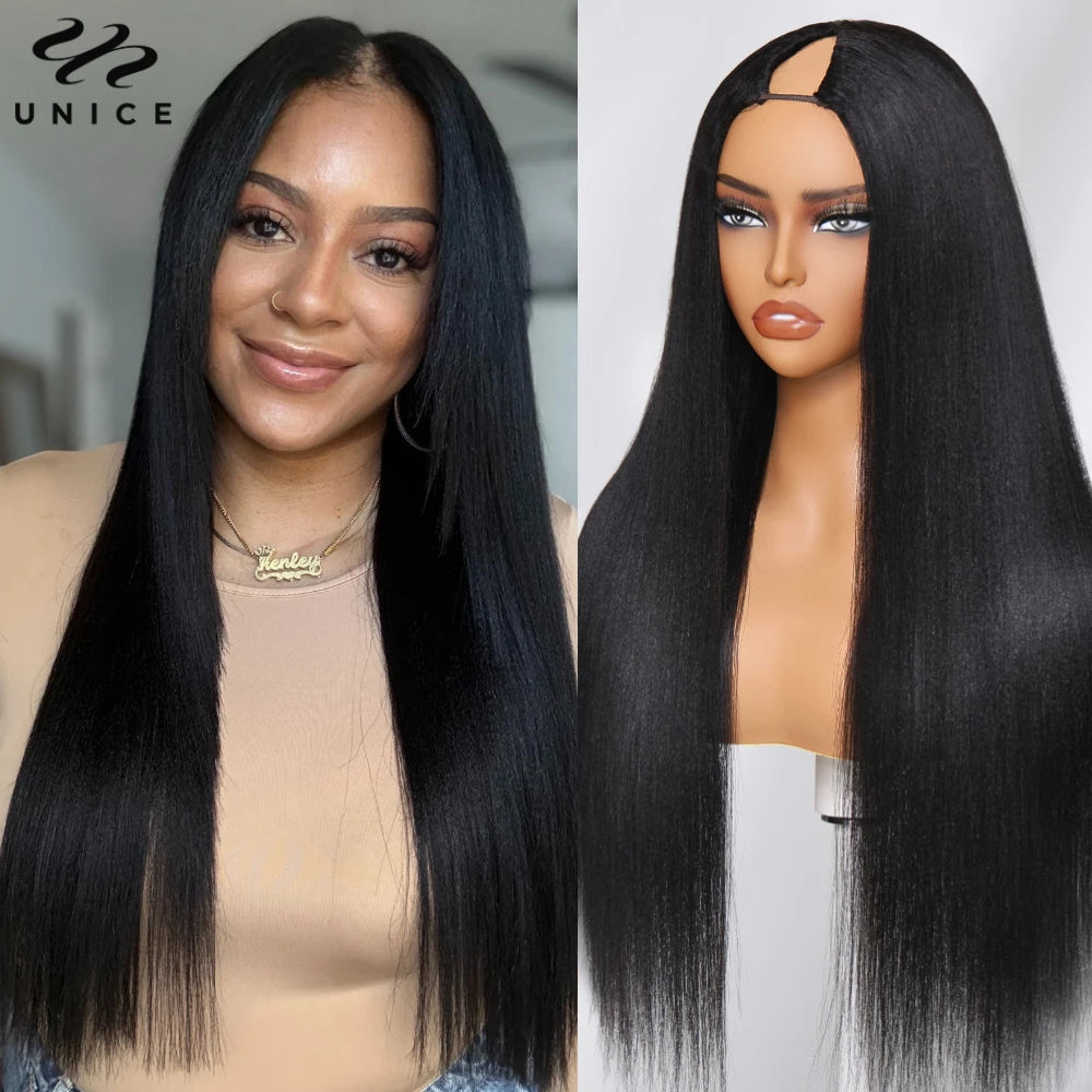 UNice Hair Natural Color Yaki Straight Human Hair Wig Pre Cut Pre Bleached 7x5 Lace Glueless Wig & V Part Wig 150% Density
