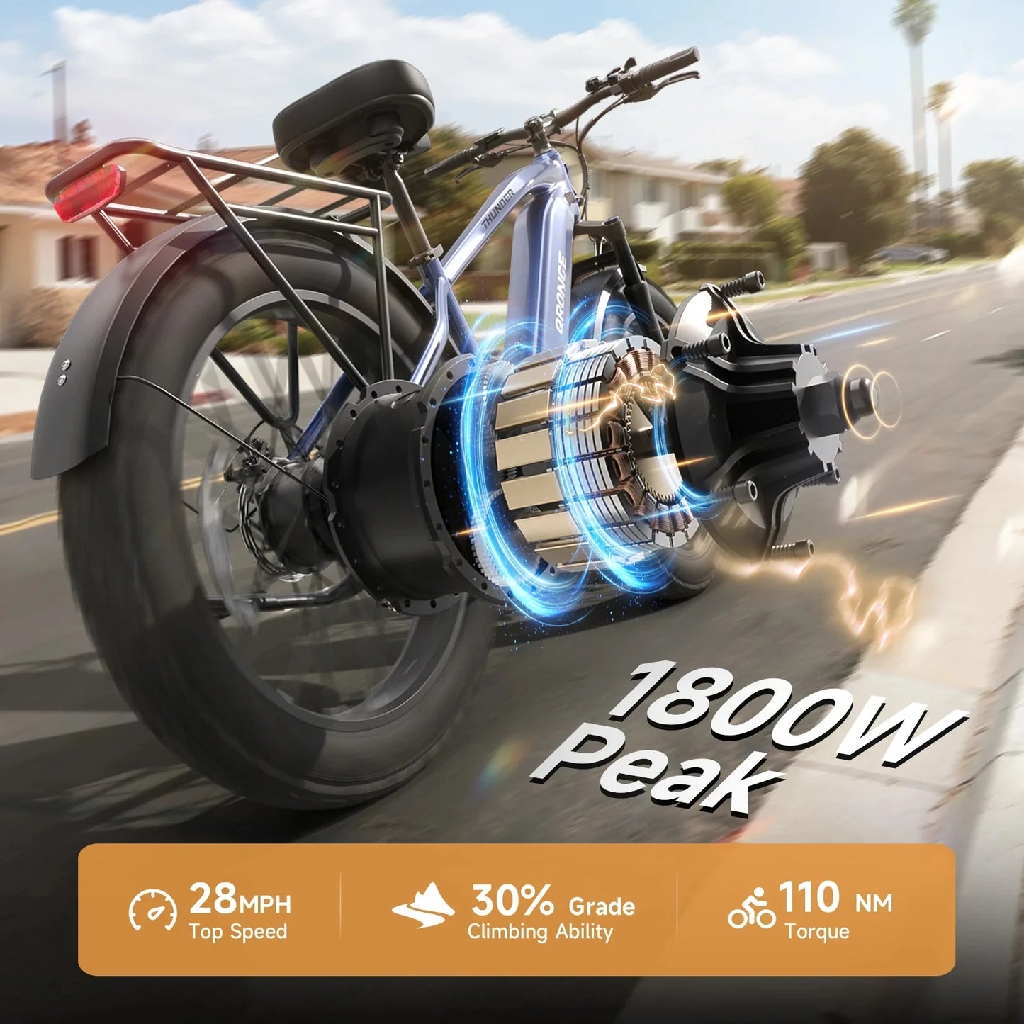QRONGE Thunder Electric Bike for Adults 1800W Peak 48V 15AH Battery E bike 28MPH(PAS Mode) Electric Bicycles 26" Fat Tire E-Bike