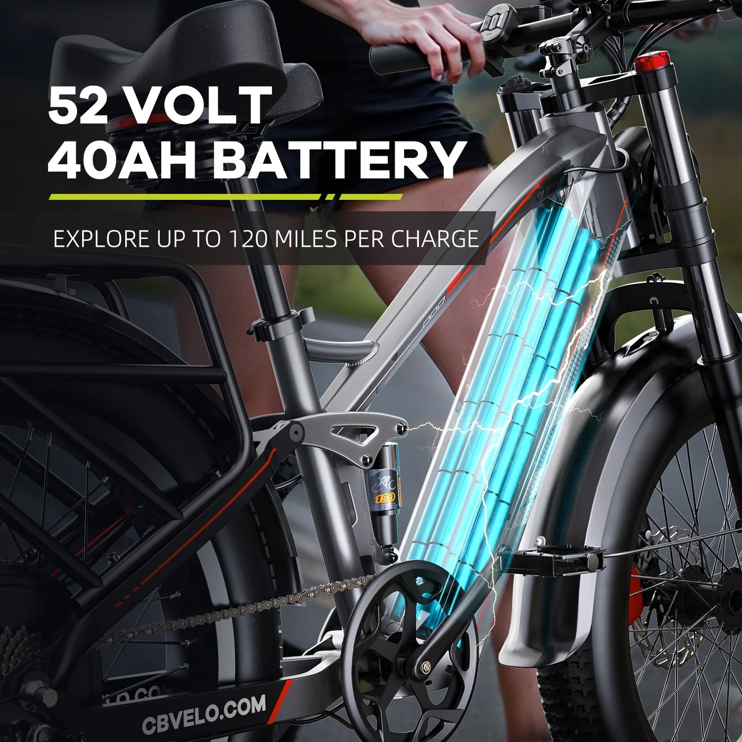Cybervelo Power EK9 5000w Motor Commute & Off Road Electric Bike, 100 Miles+ Long Range, 26"x4.0” Fat Tire, 52V 40Ah Battery