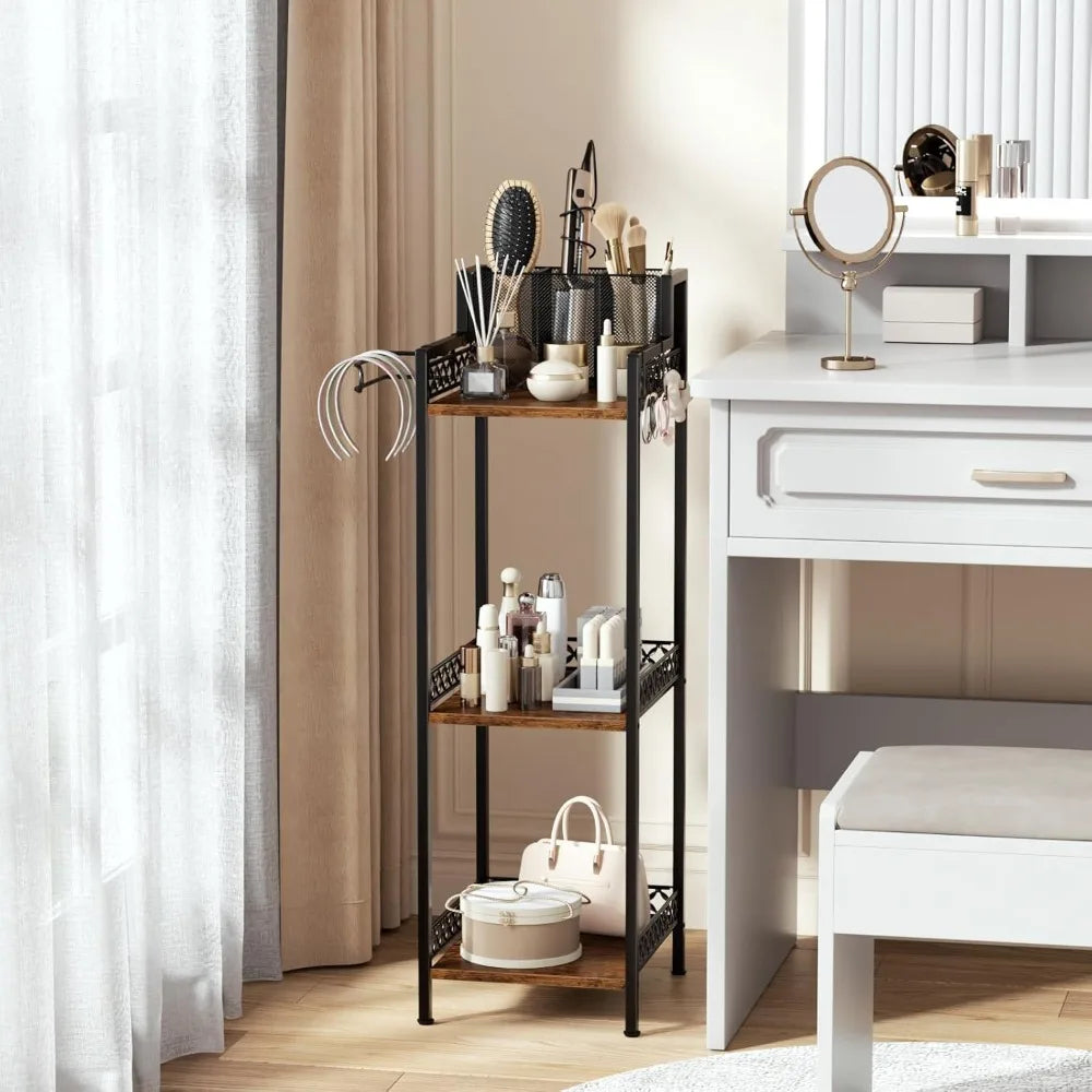 3-Tier Bathroom Shelf Organizer with Hair Dryer Holder and Toilet Paper Hook, 9.85" Slim Metal Stand for Small Spaces, Holds