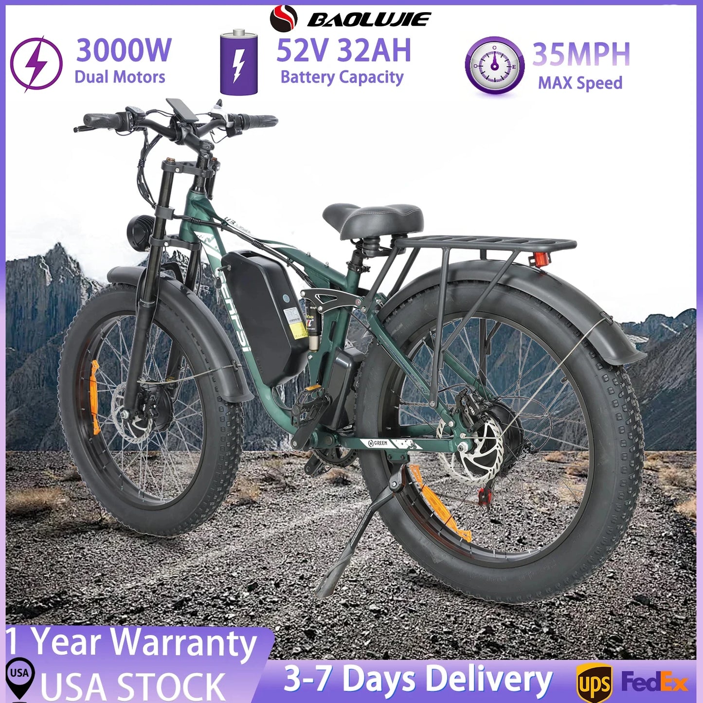 BAOLUJIE 2603 Electric Bike Adults Ebike 52V 32AH Removable Lithium Battery Max Speed 35MPH Range 34-41 Miles【1 Year Warranty】